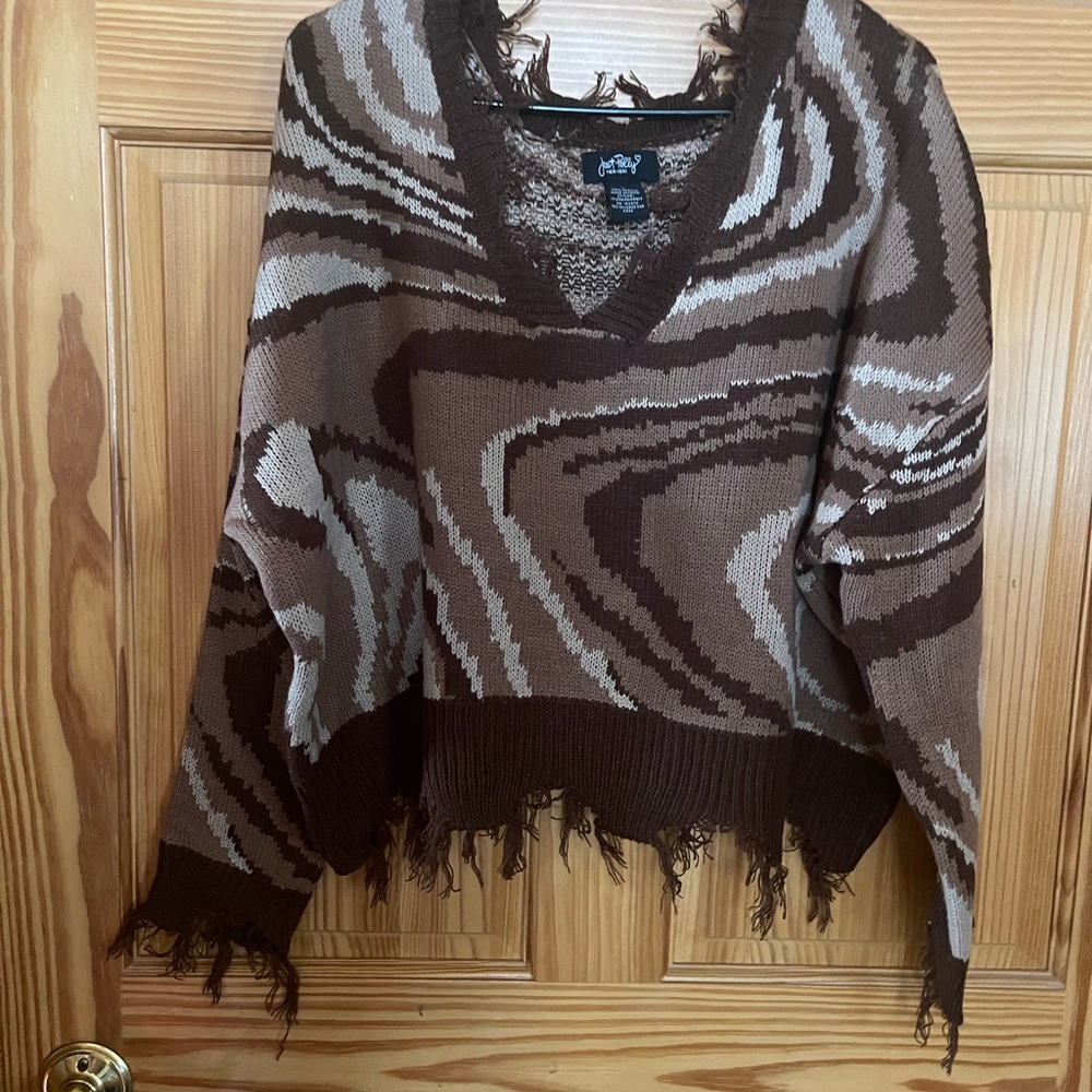 SHEIN Brown and Cream V-Neck Sweater